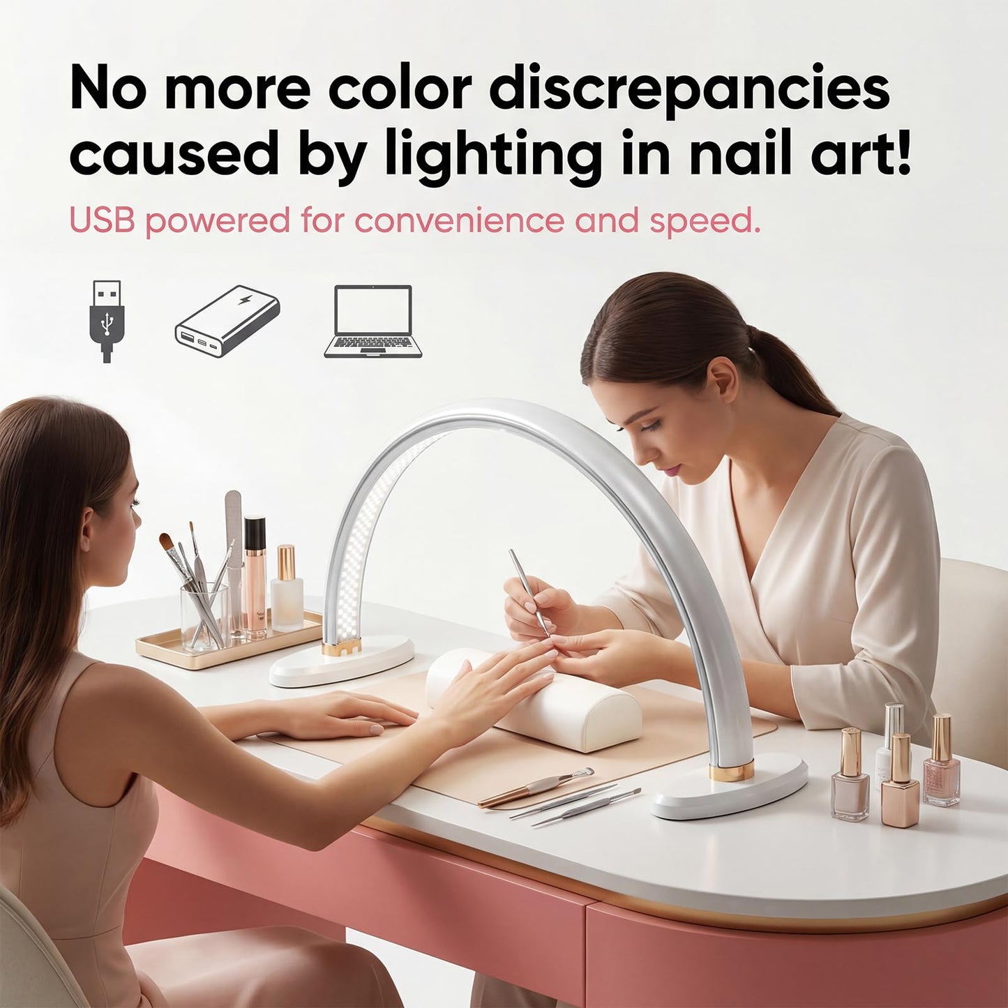chufa 16" Half-Moon Nail Desk Lamp with Foldable Bracket, Stepless Dimming 3000–6500K Shadow-Free LED Task Light for Manicure Table/Salon, Makeup, Lashes & Crafts, Eye-Caring, DC-Powered – White