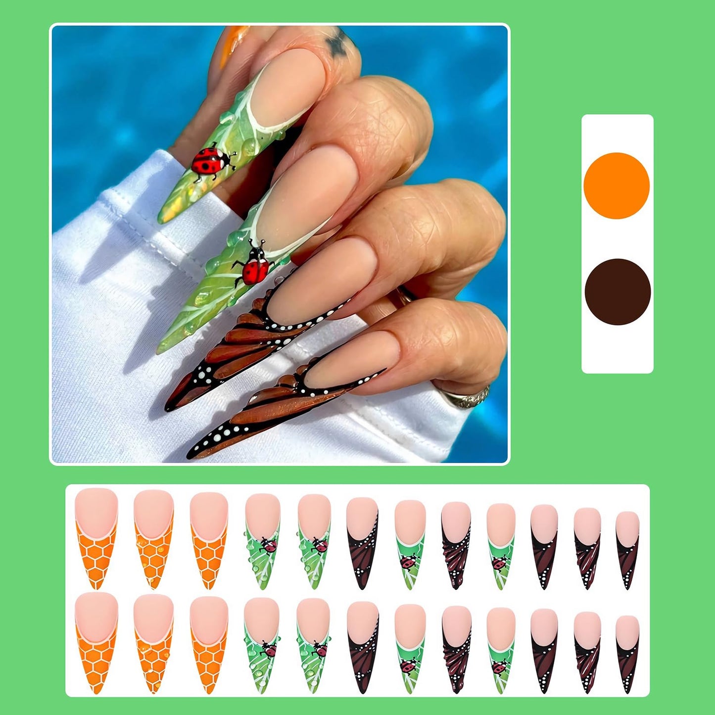 MISUD Press on Nails - Long Stiletto Fake Nails with Matte Orange Green French Tip, Acrylic Butterfly Ladybug Design 24 pcs