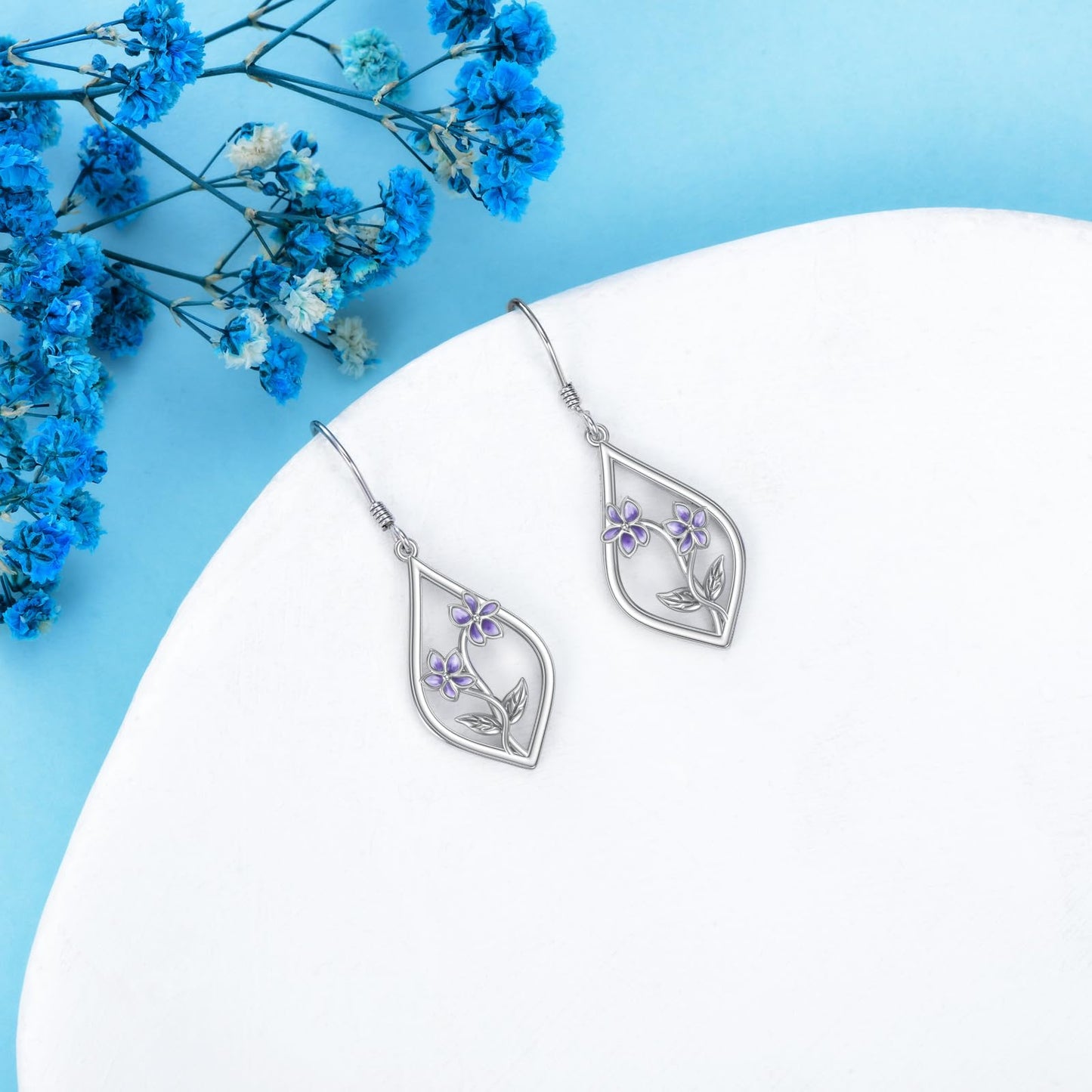 Violet Earrings Sterling Silver Purple Flower Floral Dangle Dangling Drop Earrings Violet Jewelry Gifts for Women