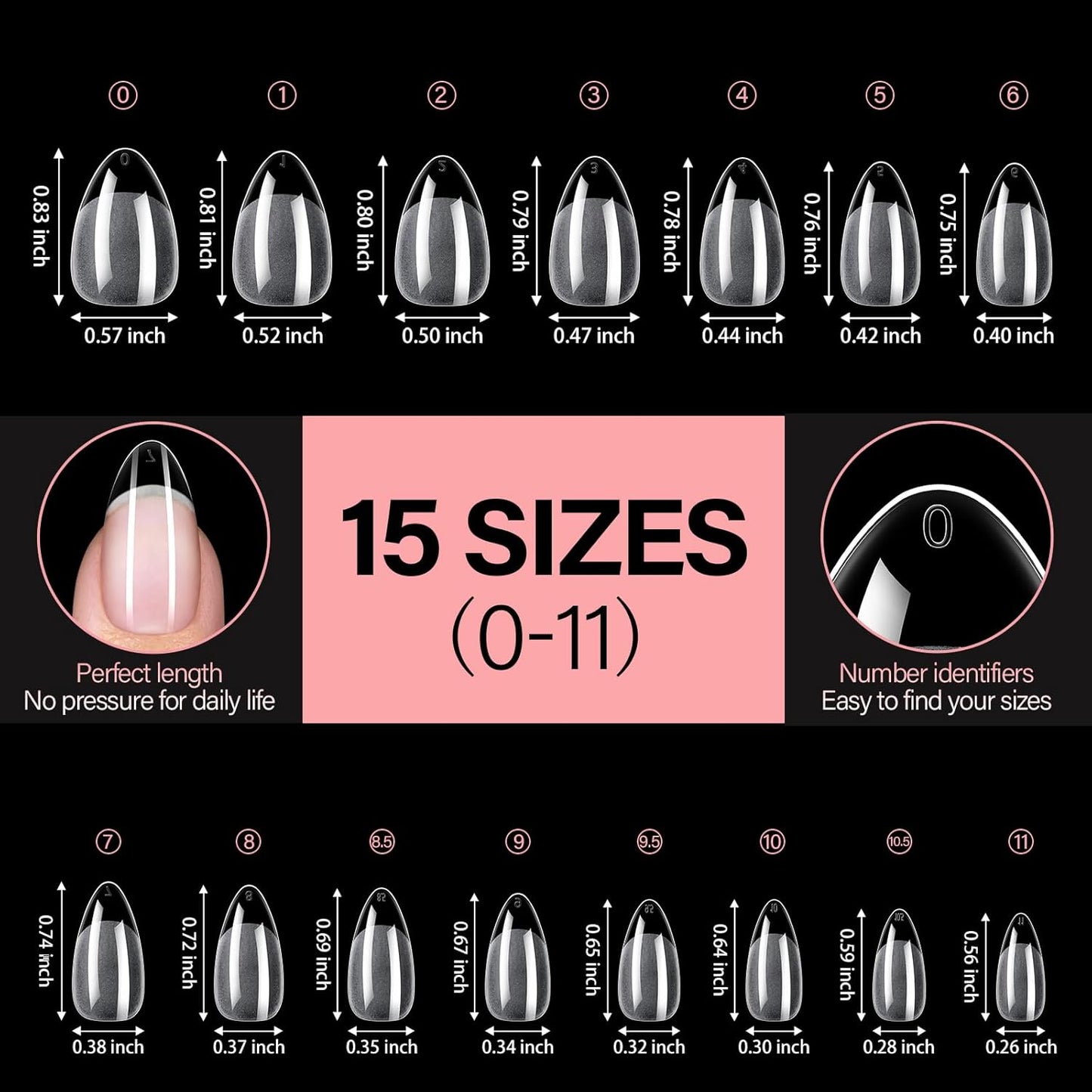 AILLSA Short Almond Nail Tips - Thickened Pre-shaped False Nail Tips Short Almond Shaped Half Matte Nails Tips, Fake Nails Extension 450pcs 15 Sizes with Storage Box