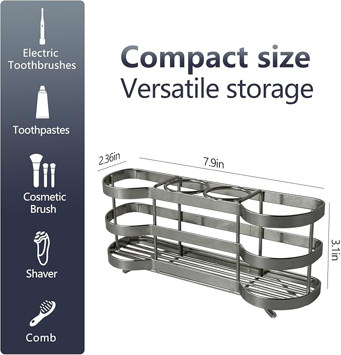 Wall Mount Toothbrush Holder for Shower Stainless Steel Toothbrush Stand, Self-Adhesive Wallmount/Countertop 4 Slots Bathroom Accessories Organizer (Silver 1)