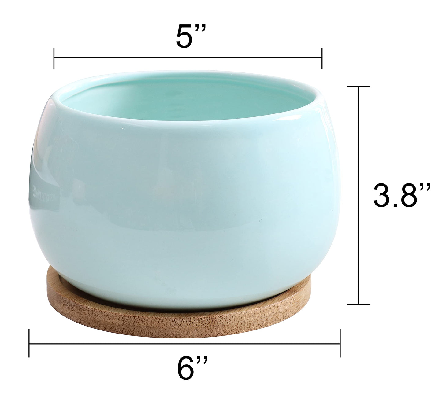 Jusalpha 5'' Ceramic Large Succulent Cactus Plant Pot with Drainage Hole & Bamboo Saucer for Indoor Plant, Planter 07 (Blue)