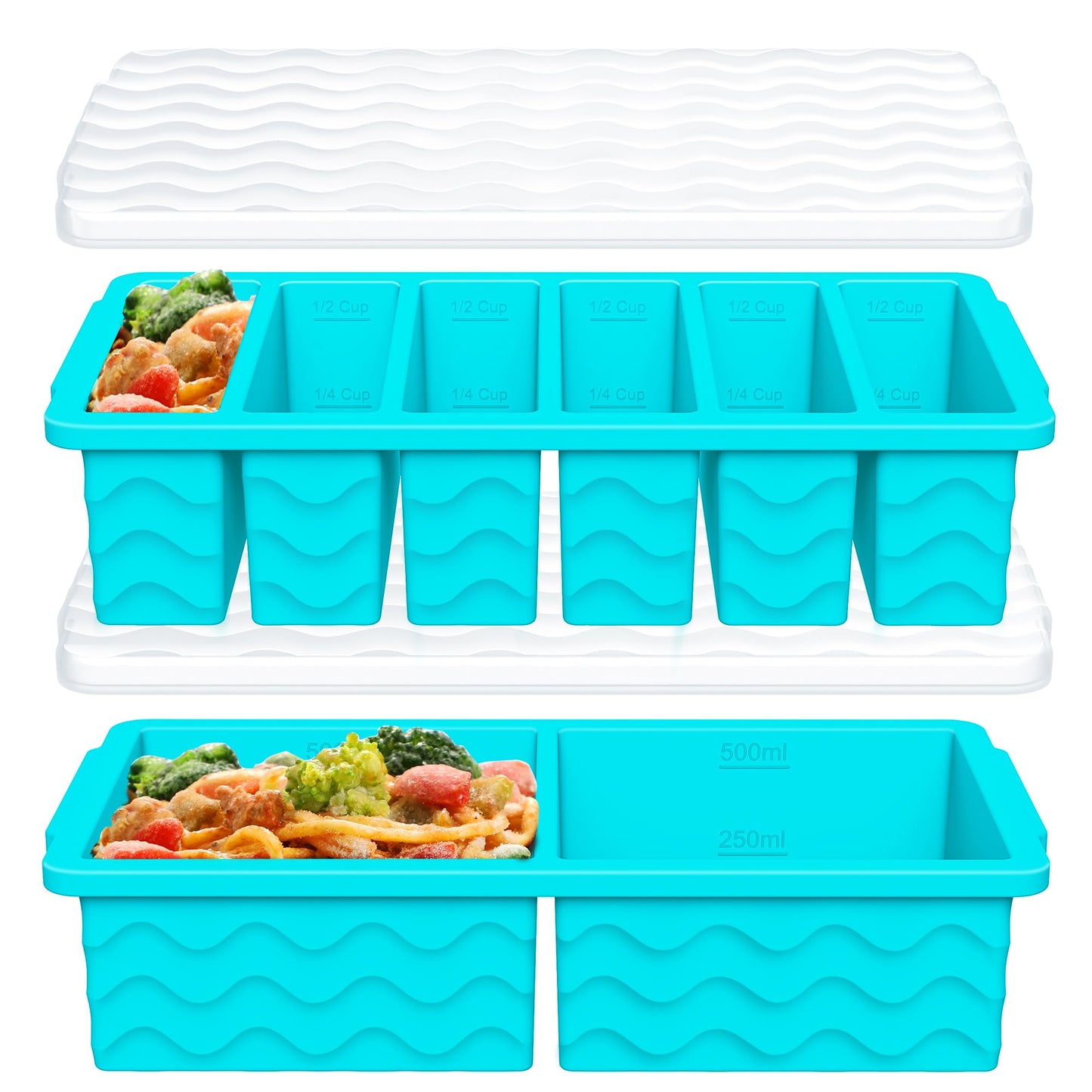 2-Pack Silicone Freezer Trays with Lid, 2 Large 2-Cup(500ml) & 6 Small 1/2-Cup(125ml) Soup Freezer Container Molds, Ice Cube Tray For Meal Prep & Freezing Soup, Stews, Sauces, Oven & Dishwasher-Safe