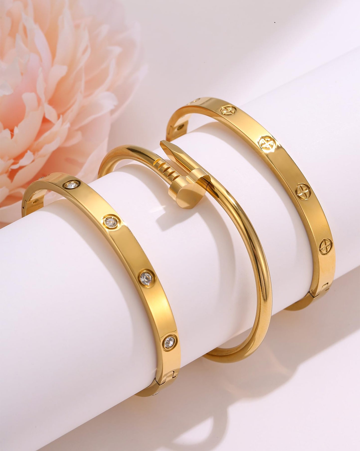 18K Gold Plated Stainless Steel Love Nail Bangle Clover Bracelet Set Stackable Dupes for Love Trendy Jewelry (gold)