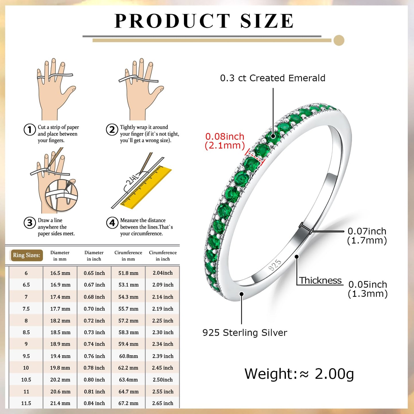 AGRULE 0.3 Cttw Emerald Birthstone Ring 14k White Gold Plated 1.7mm Wedding Band Stackable Bezel Set 5a Cubic Zirconia Rings for Men Women, Size 6