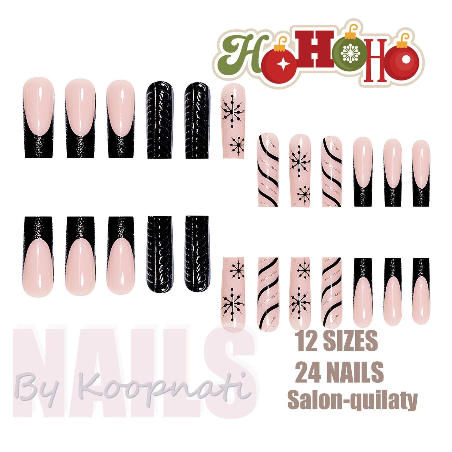 Christmas Press On Nails Medium Square Black French Tips Nails with Glue Winter Snowflake Design,Christmas Nails Long False for Women Holiday Xmas Gifts