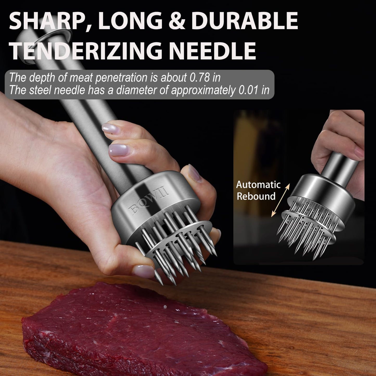 BQWII Stainless Steel Meat Tenderizer Tool with 21 Sharp Needles - A Meat Tenderizer Mallet for Chicken and Beef, Durable Meat Mallet Hammer, Easy-Grip Meat Hammer Tenderizer