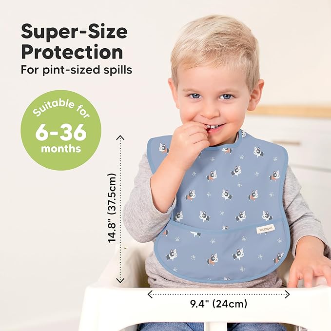 KeaBabies 3-Pack Waterproof Baby Bibs for Eating - Lightweight Toddler Feeding Bibs with Large Food Catcher, Mess Proof, Food-Grade Baby Eating Essentials, Easy to Put On & Clean (Pets & Paws)