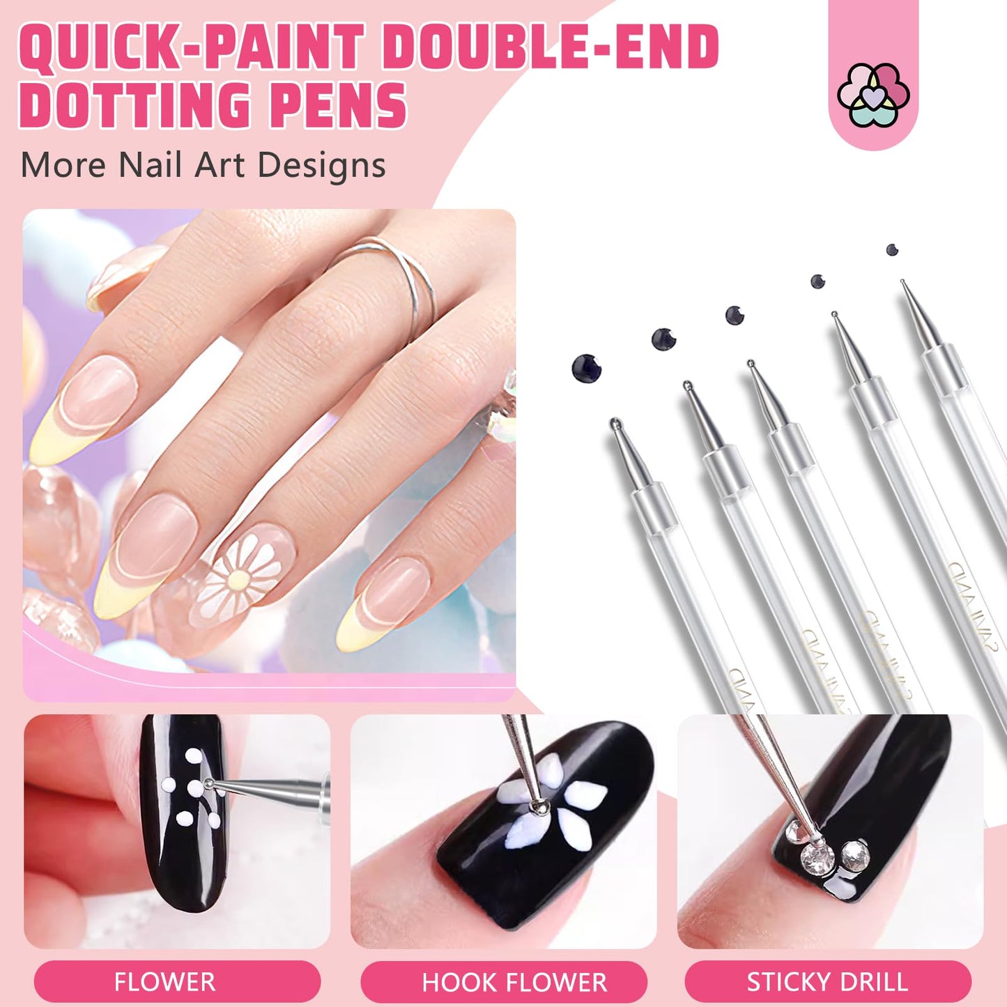 SAVILAND 6pcs Nail Art Liner Brushes & 5pcs Multi-Size Dotting Tools Set - Nail Brush Gel Polish Painting Nail Art Design Brushes Pen with Crushed Diamond Rhinestone Handle for Pulling Lines
