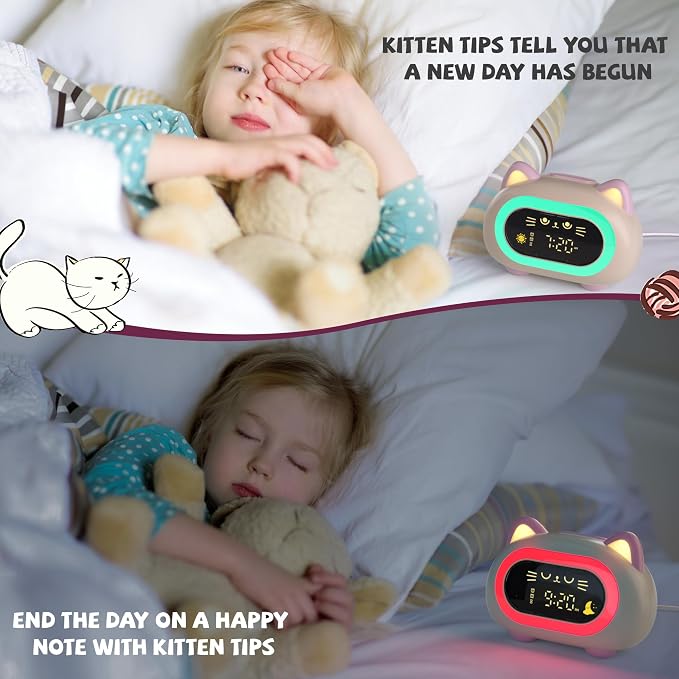 ANALOI Alarm Clock for Kids, Kids Alarm Clocks for Girls with Sleep Training Dual Alarm Eye Protection Auto Off Timer 10 Color Night Light, Cat Ok to Wake Clock, Gifts for Kids Girls