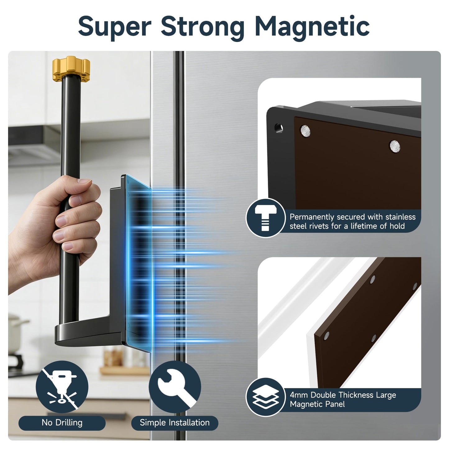 Evemlceol Magnetic Paper Towel Holder for Fridge Strong Magnet Black Kitchen Towel Holders Storage Organizer with Gold Nut for Refrigerator Grill Toolbox