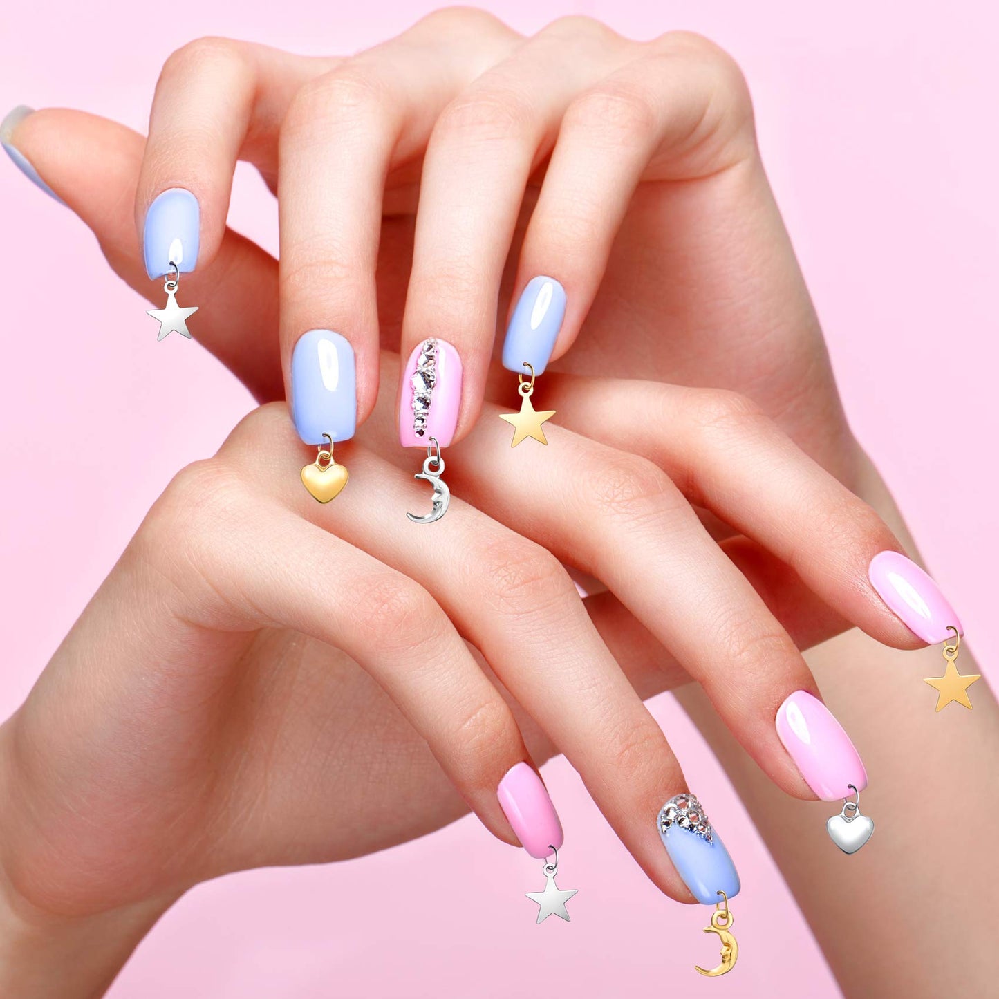 PAGOW 155 PCS Dangle Nail Art Charm, Nail Jewelry Rings with Nail Piercing Tool Hand Drill for Tips, Acrylic, Gels and Decorations
