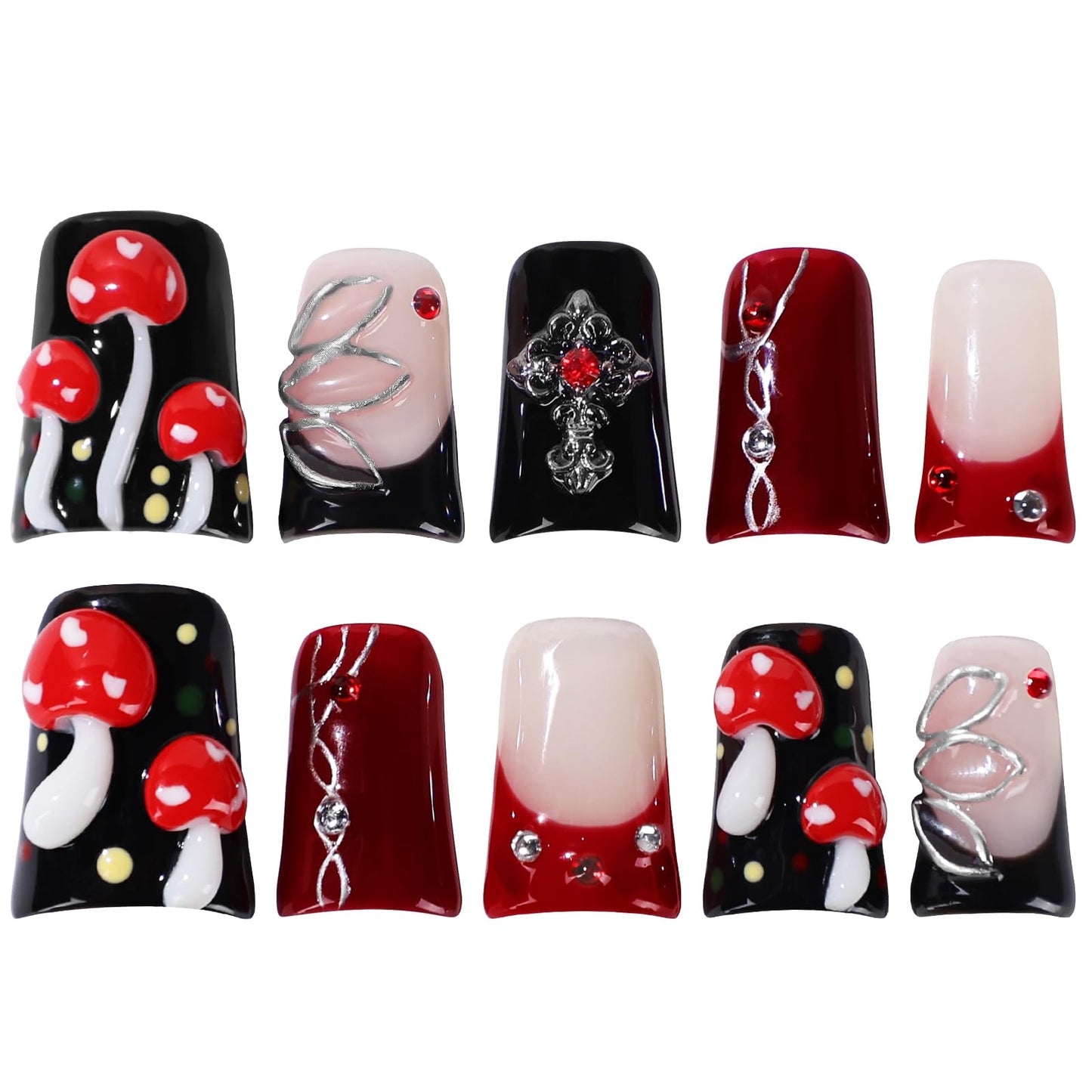 Buleens Handmade Press on Nails Acrylic Duck Nails-10pcs Short Gothic Fairy Mushroom 3D Fake Nails Kits