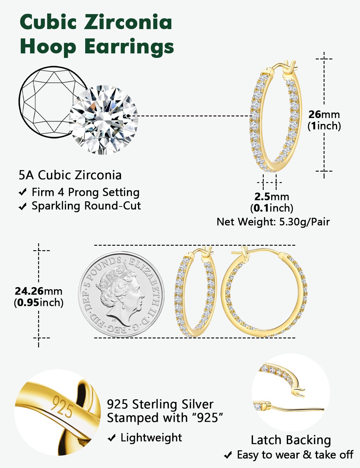RANDES 14K Gold Plated Cubic Zirconia Hoop Earrings Trendy Sterling Silver Post Cretaed Diamond Earrings 26mm Medium Hoop Earring Wedding Jewelry