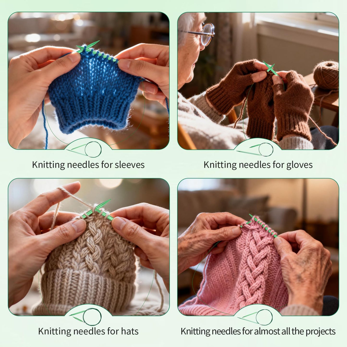 WAZAIGUR Knitting Needles Set, Three Lengths Interchangeable Circular Knitting Needles Set - Sizes 3.0mm, 3.25mm, 3.5mm, 3.75mm, 4.0mm, 4.5mm, 5.0mm, 5.5mm, 6.0mm, 5 Cables, 9 Pairs, Green