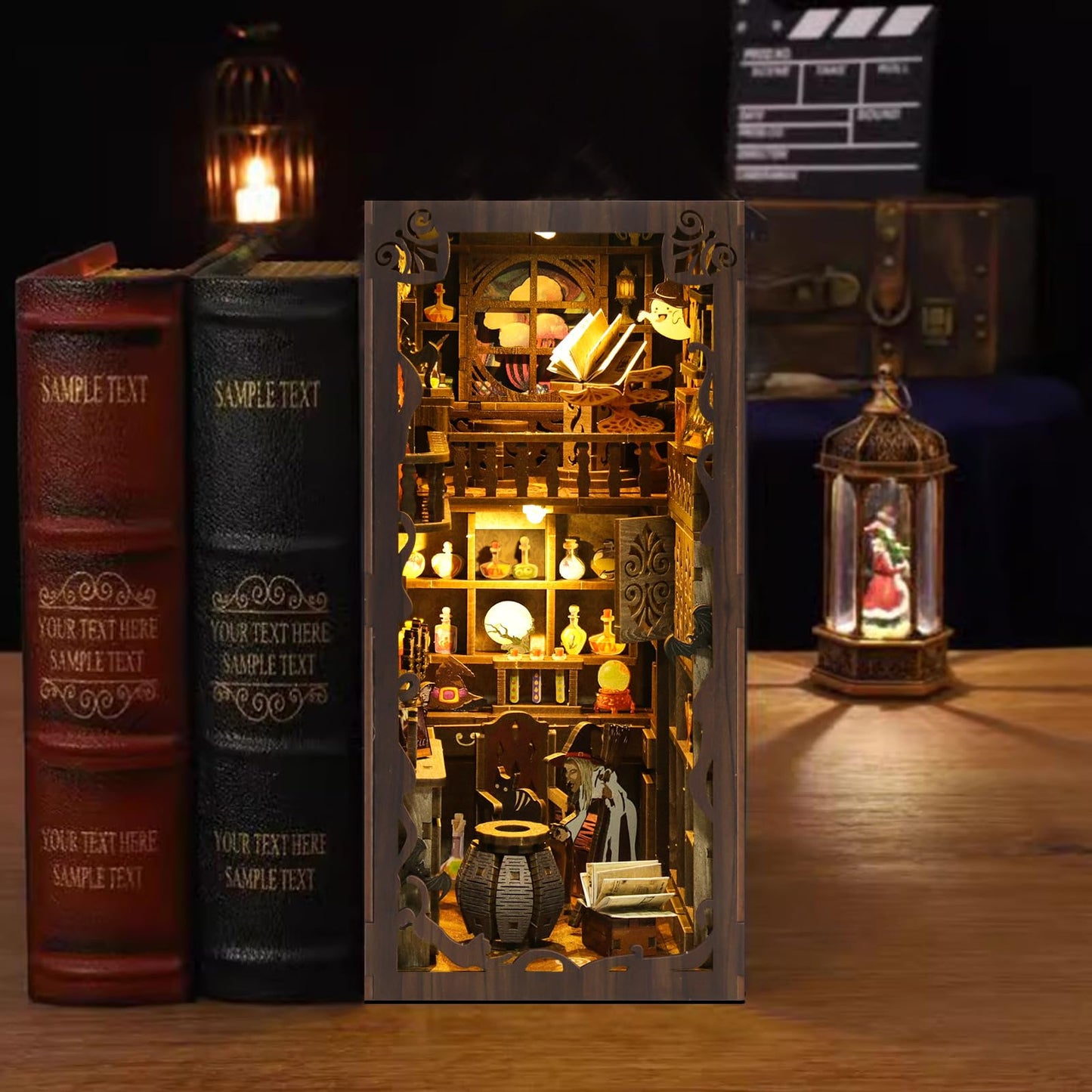 NEXTIPS Magic Academy Book Nook Kit with LED Lights - 3D Wooden DIY Miniature Library for Bookshelf Decor, Gift for Harry Potter Fans