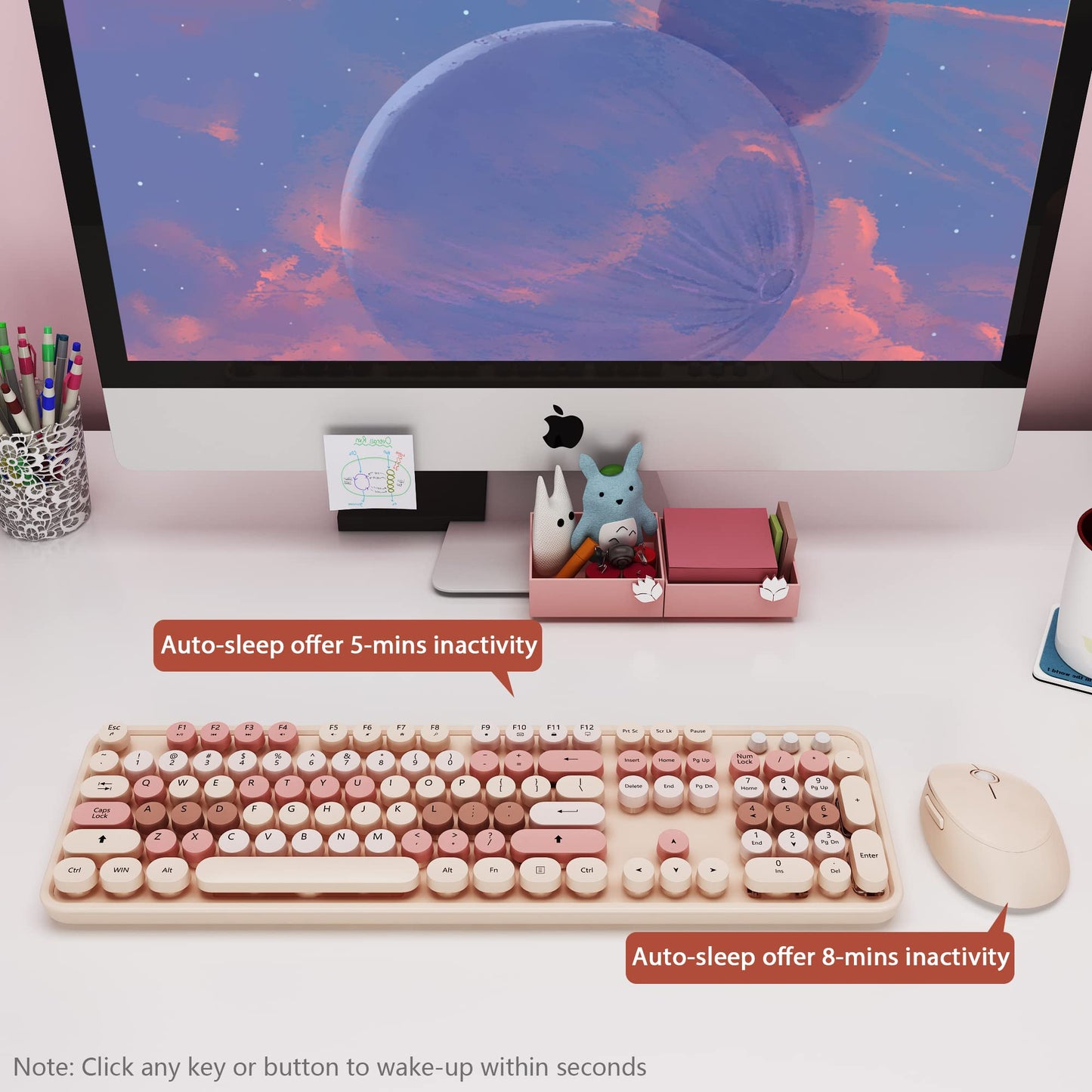 KOOTOP Wireless Keyboard and Mouse, Cute Keyboard and Mouse Combo with Retro Round Keycap, 2.4G Connectivity for PC, Mac, Laptop, Computer Windows (Milk Tea)