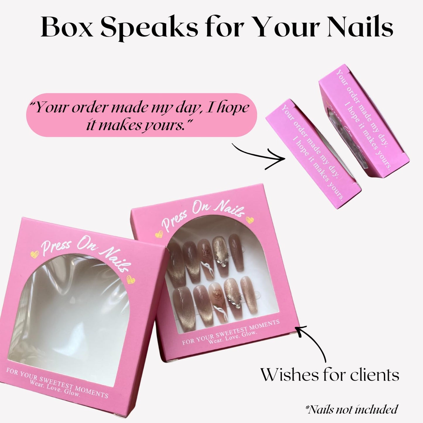 Press On Nails Packaging Boxes Bulk 20 Pack for Nail Tech & Small Business Vendor with 20 Instructions & Signature Cards 30 Adhensive Double Sided Tape 3.5"x3.2" PVC Window