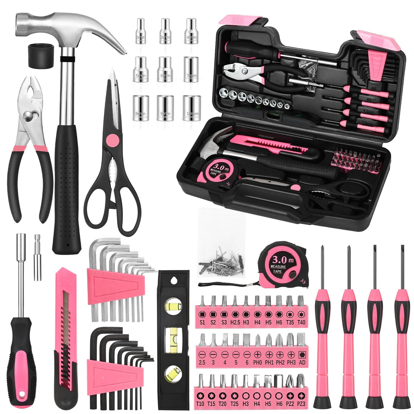 GETFOO 144-Piece Pink Tool Kit Basic Home Repair Tool Set General Household Hand Tool Kit Small Tool Kit with Plastic Toolbox basic home tool kit for Women, Office & College Repairs