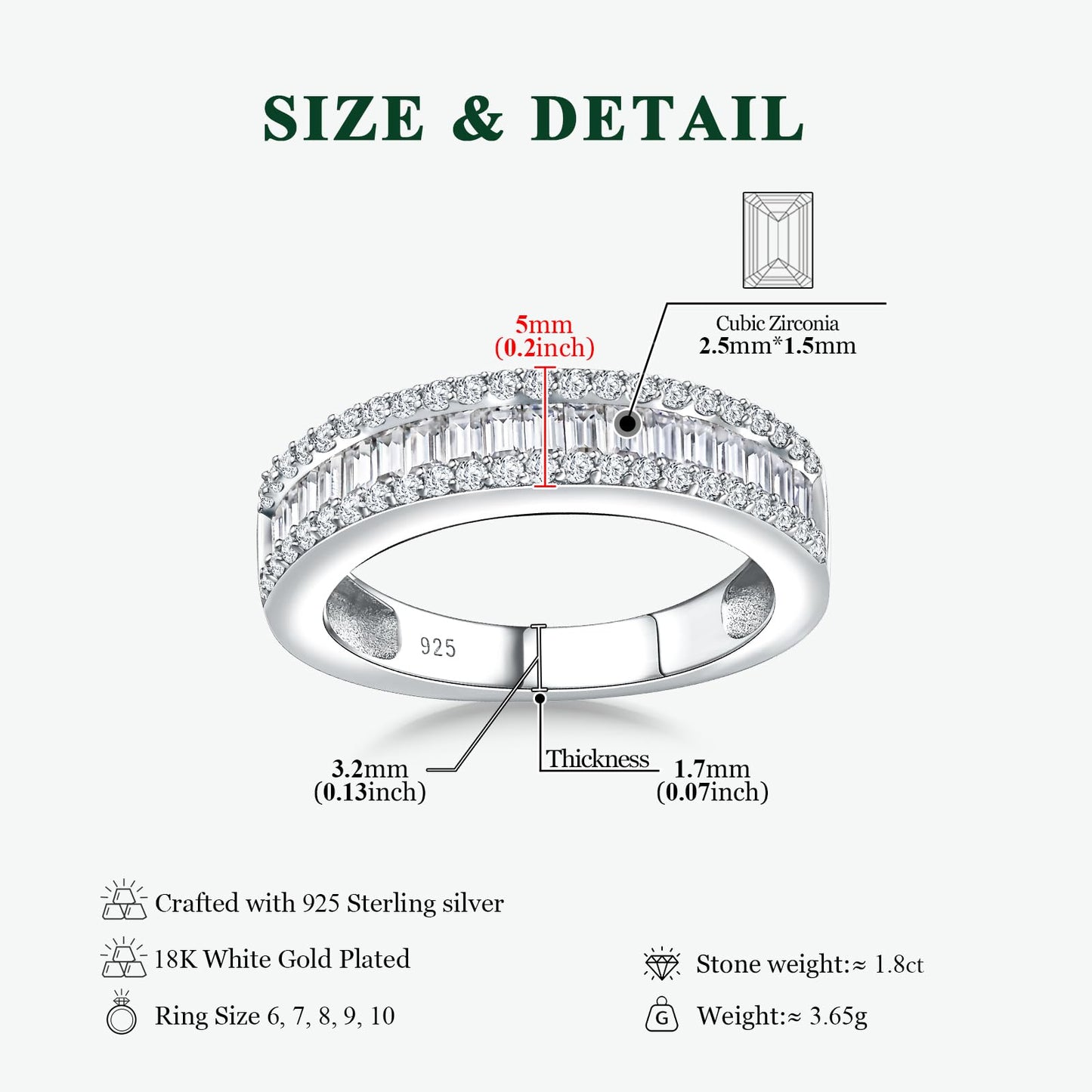 RANDES Cubic Zirconia Wedding Bands for Women Men 925 Sterling Silver Diamond Emerald Cut Eternity Band Rings Size 10.5