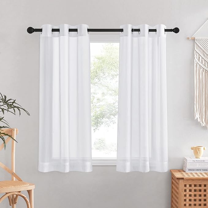 NICETOWN Sheer Small Curtains 48 inch Length 2 Panels, Grommet Short Curtains Voile Textured Soft and Lightweight Window Treatments for Kitchen/Cafe, W37 x L48, White, 2 Pieces