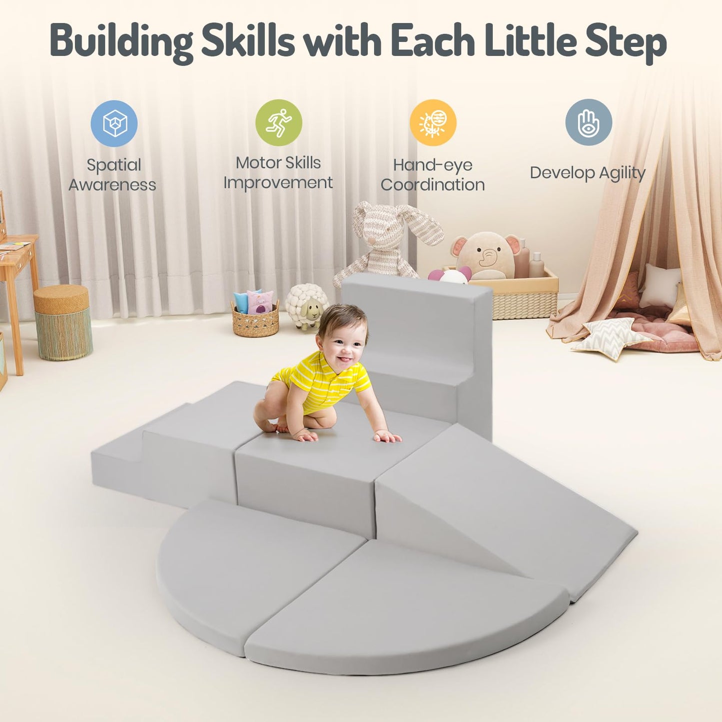 Rinnebbit 6-Piece Foam Climbing Blocks for Toddlers, Baby Climb and Crawl Soft Foam Play Set, Machine Washable Cover, Indoor Activity Play Structures, Climbing Toys for Toddlers 1-3 (Gray)