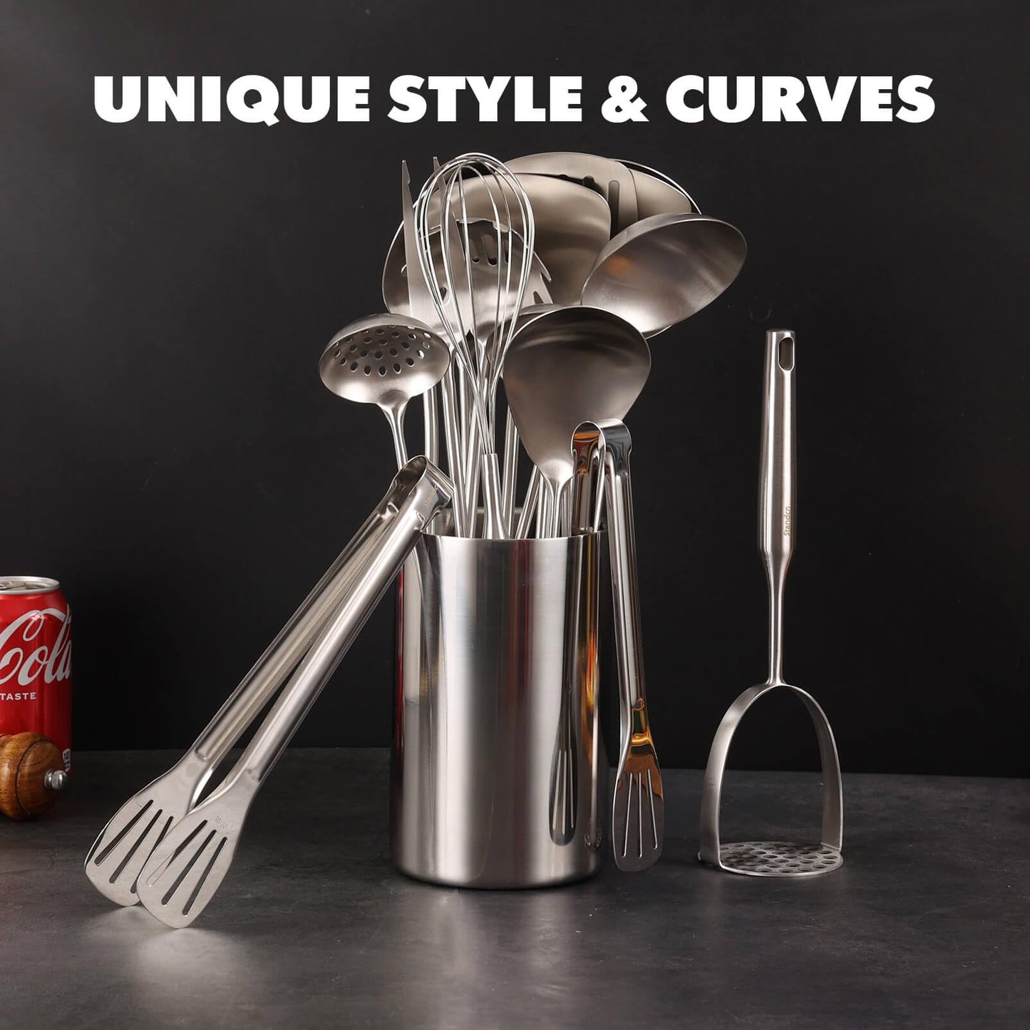 18/10 Stainless Steel Cooking Utensils Set - 16 PCS All Metal Small & Large Kitchen Spoons, Serving Utensils - Whisk, Masher, Fork, Tongs, Solid/Slotted Spoon, Spatula, Turner, Ladle, Skimmer, Pasta