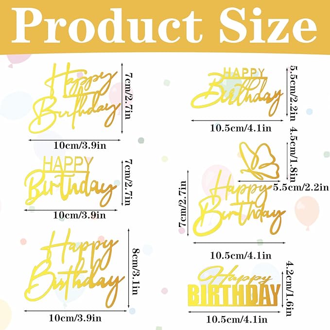 Gold Happy Birthday Acrylic Cake Toppers, 6 Styles