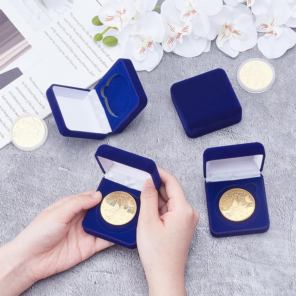 FINGERINSPIRE 4 Pcs 40mm Midnight Blue Velvet Challenge Coin Storage Gift Box 2.58x2.58x1.4 Square Badge Presentation Display Box Single School Emblem Badge Display Holder Medal Storage Case