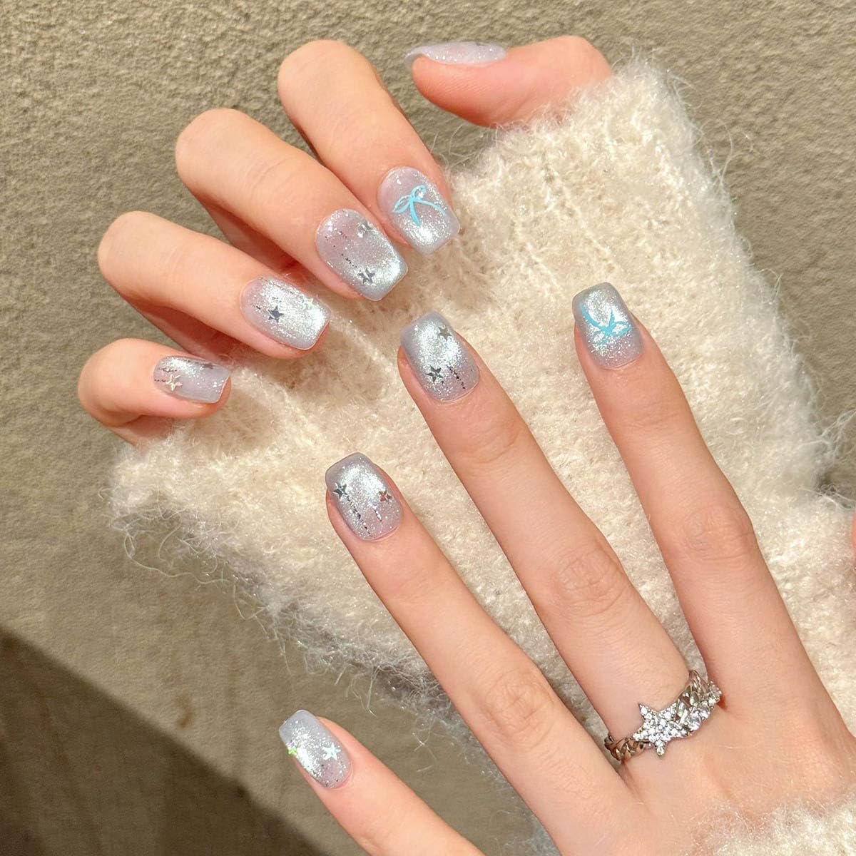 10 Pcs Short Square Handmade Press On Nails | Light Blue Bow & Iridescent Star Design | Reusable Easy Apply Salon-Quality Manicure for Women & Girls Daily & Party Wear (RR05, M)