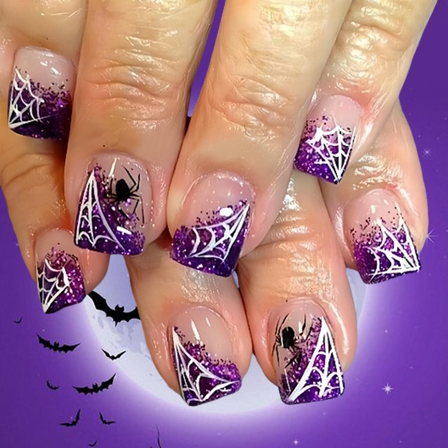 24Pcs Halloween Glitter French Tips Press on Nails Short Square Shaped Purple Fake Nails Horror Spider False Nails with White Spider Web Designs Halloween Acrylic Nails for Women DIY Manicure