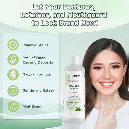 KUNPHY Ultrasonic Retainer Cleaner Solution Concentrate - 2 Pack Value Bundle, Professional Cleaning for Retainers, Dentures, Invisible Aligners, Mouth Guards, Removes Odors & Stains, 16 oz (Mint)