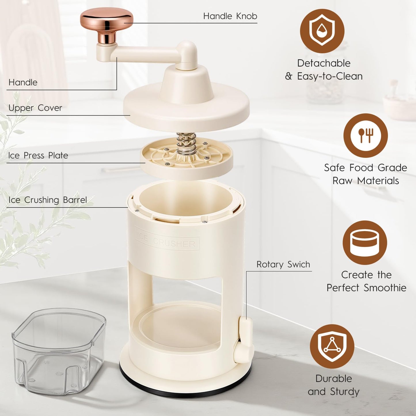 Manual Ice Shaver Hand Crank Ice Crusher - Dual Base (Vacuum Suction & Non-Slip Ring), Food Grade Snow Cone Maker (Vacuum suction cup)