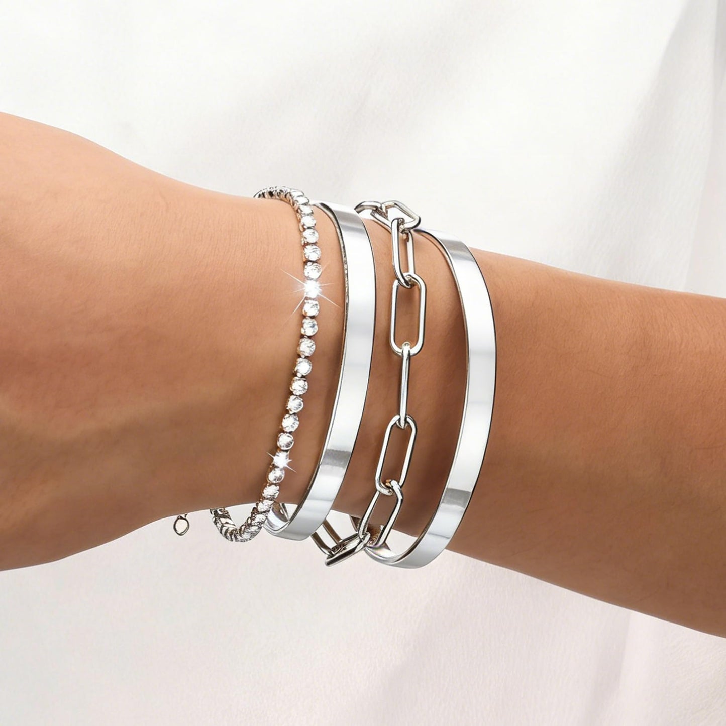 Reoxvo 925 Sterling Silver Plated Tennis Bracelets Stack for Women Double Dual Silver Bangle Cuff Bracelets for Women