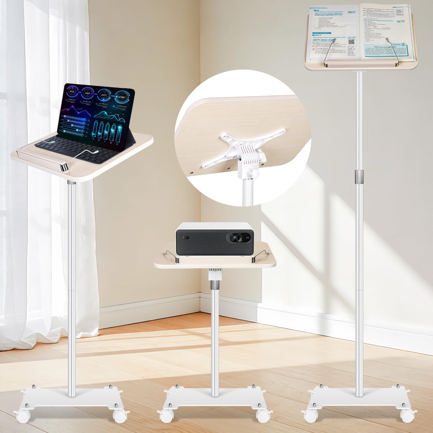 TNNOP Rolling Book Stand with Wheels for Reading, Floor Standing Book Holder with Page Clips, 19"–51" Height Adjustable, Sturdy Podium Stand for Reading, Bible, Laptop, Cookbooks, or Projector