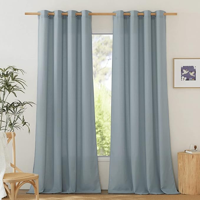 NICETOWN Linen Flax Semi Sheer Curtains 94" Length, Grommet Window Treatments Privacy Added with Light Penetration Vertical Drapes for Loft/Home Office, Stone Blue, W55 x L94, 2 Panels