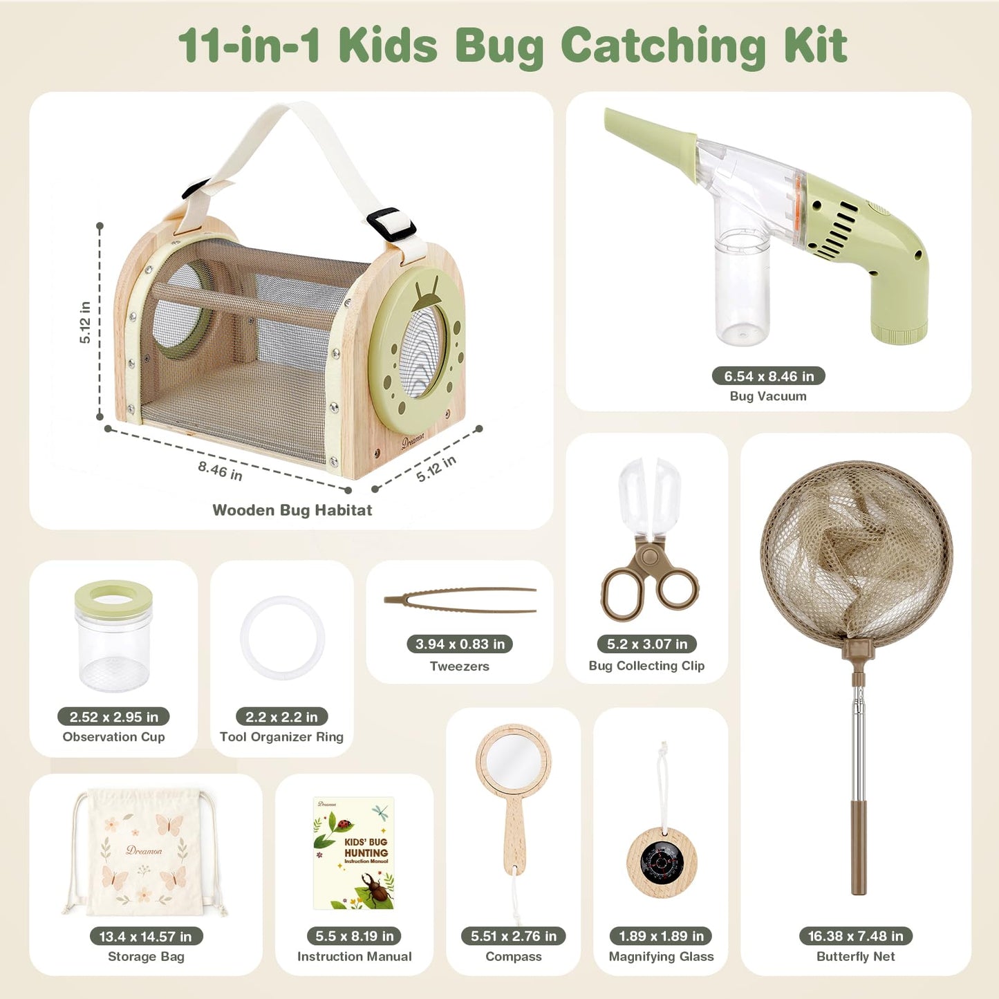 Dreamon Kids Bug Catching Kit, 11PCS Outdoor Toys for Kids Ages 4-8 | STEM Educational Toys Kids Explorer Kit with Wooden Bug Habitat, Bug Vacuum, Butterfly Net and Magnifying Glass