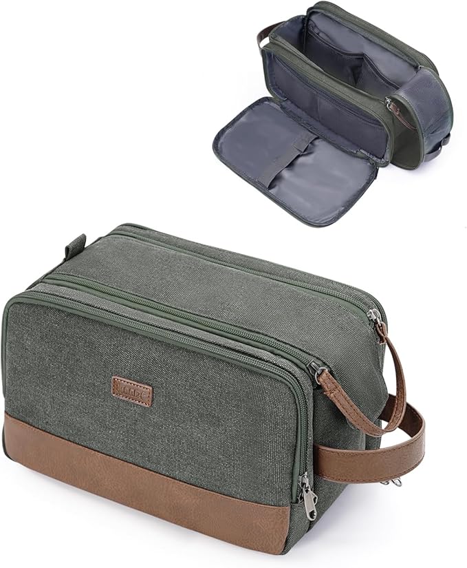 WANDF Toiletry Bag for Men Travel Toiletry Organizer Canvas and Leather Dopp Kit Water-Resistant Shaving Bag for Travel Accessories (Green, Medium)
