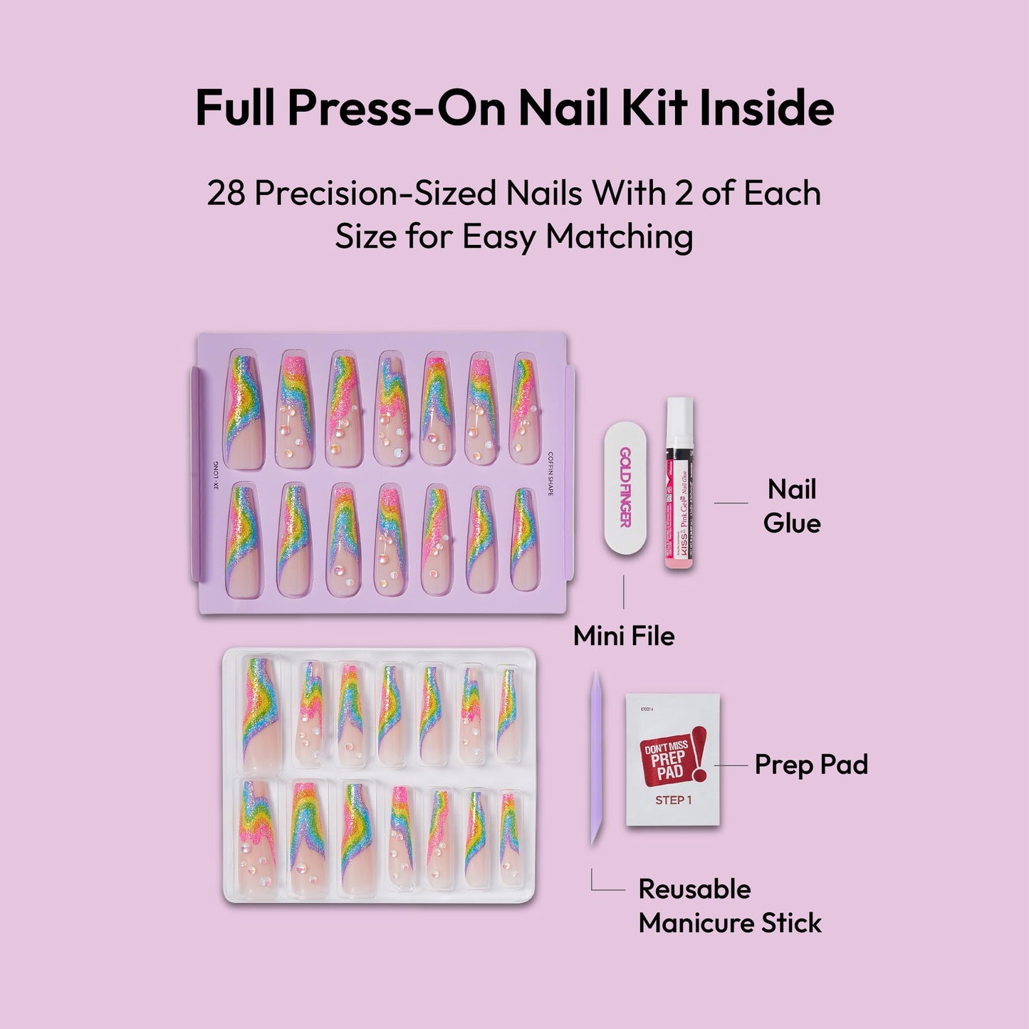 Glitzy 3D Handmade Press On Nail Kit, Rhinestone Gem Glitter French Tip 3X-Long Coffin False Nail, Reusable & Lasts Up To 2 Weeks, Seamless Snug Fit Technology, Includes Glue & 28Pcs Manicure Set