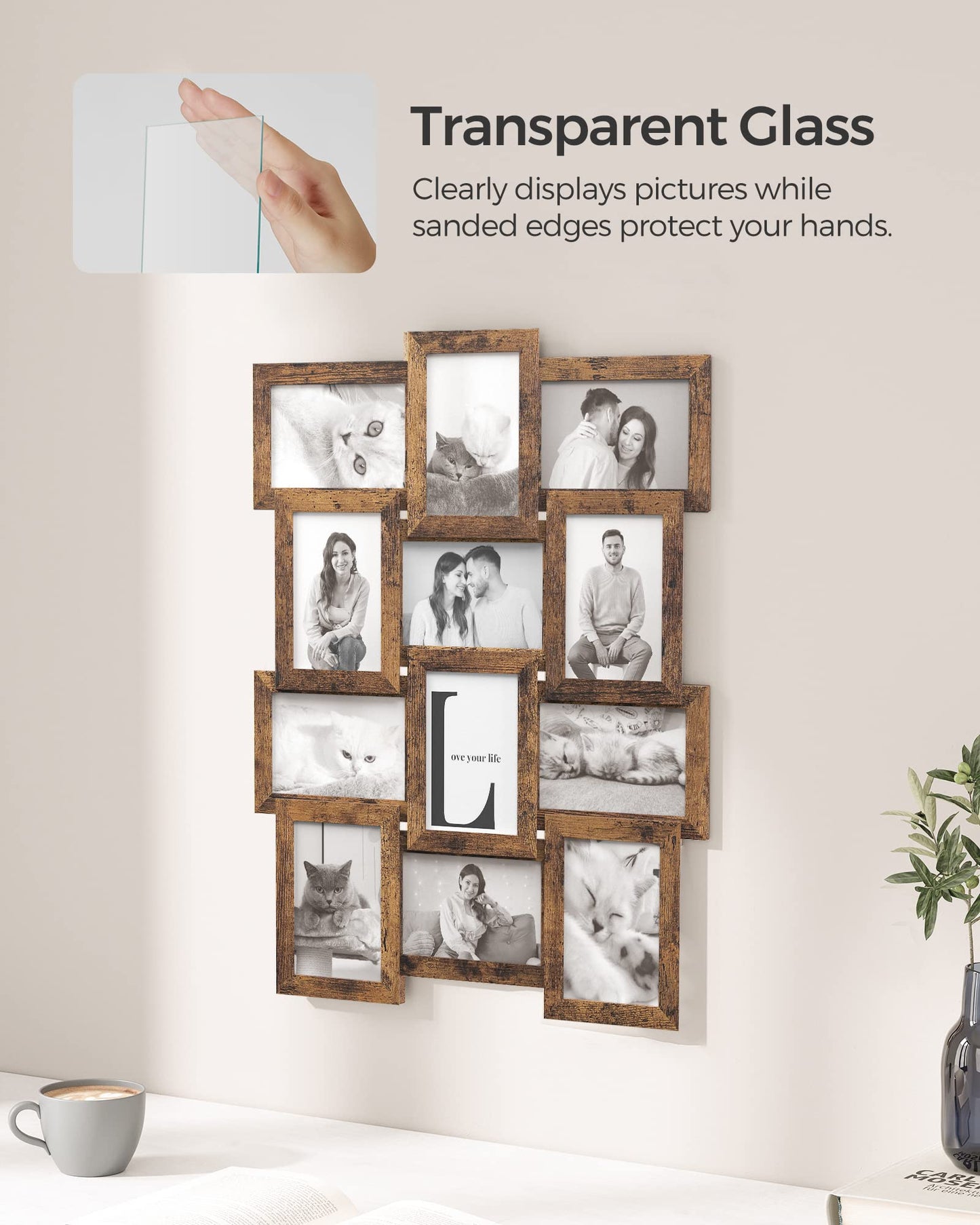 SONGMICS Collage Picture Frames, 4x6 for Wall Decor, Multi Family Photo for Gallery Decor, Hanging Display, Set of 12, Rustic Brown URPF026X01