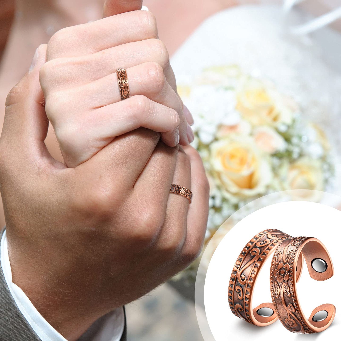 MTLEE 2 Pcs Magnetic Copper Rings for Women and Men - Adjustable Vintage Thumb Ring Jewelry for Fingers Pain Relief (Bronze)
