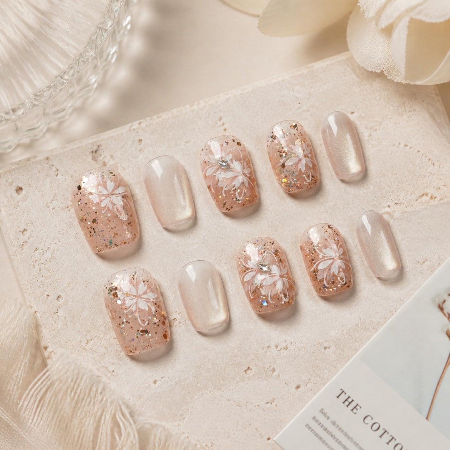 Tesytto Handmade Press on Nails Glitter Short Coffin, Nude Pink with Flower & Butterfly Pattern, Reusable Full Cover False Nails 10Pcs (Warm Glossy Dream,S)