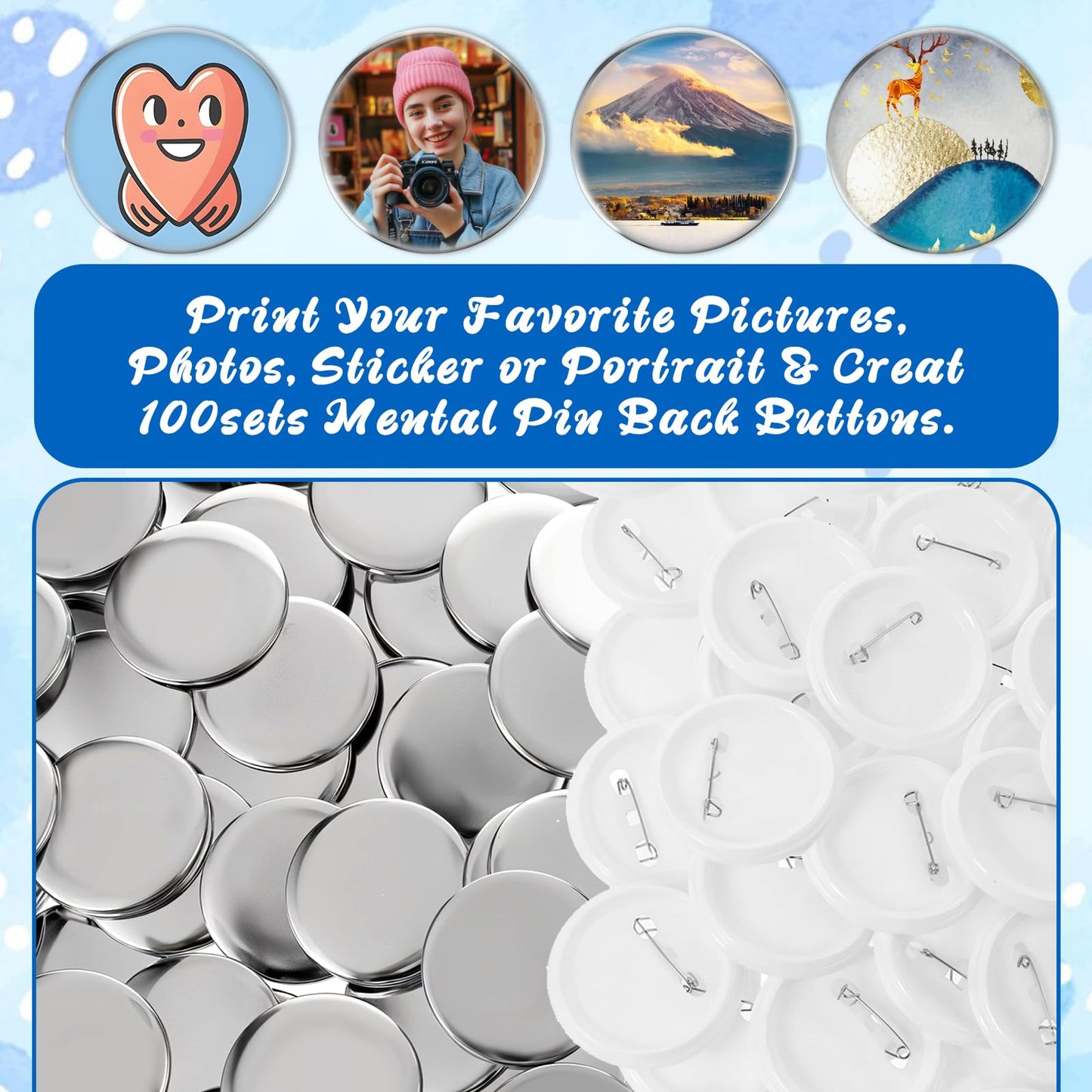 100 Sets 2.25 Inch Button Making Supplies 58mm Blank Badge Parts for Button Maker Machine Round Badge Buttons Pins Press Refills Includes Metal Cover Clear Film Plastic Base
