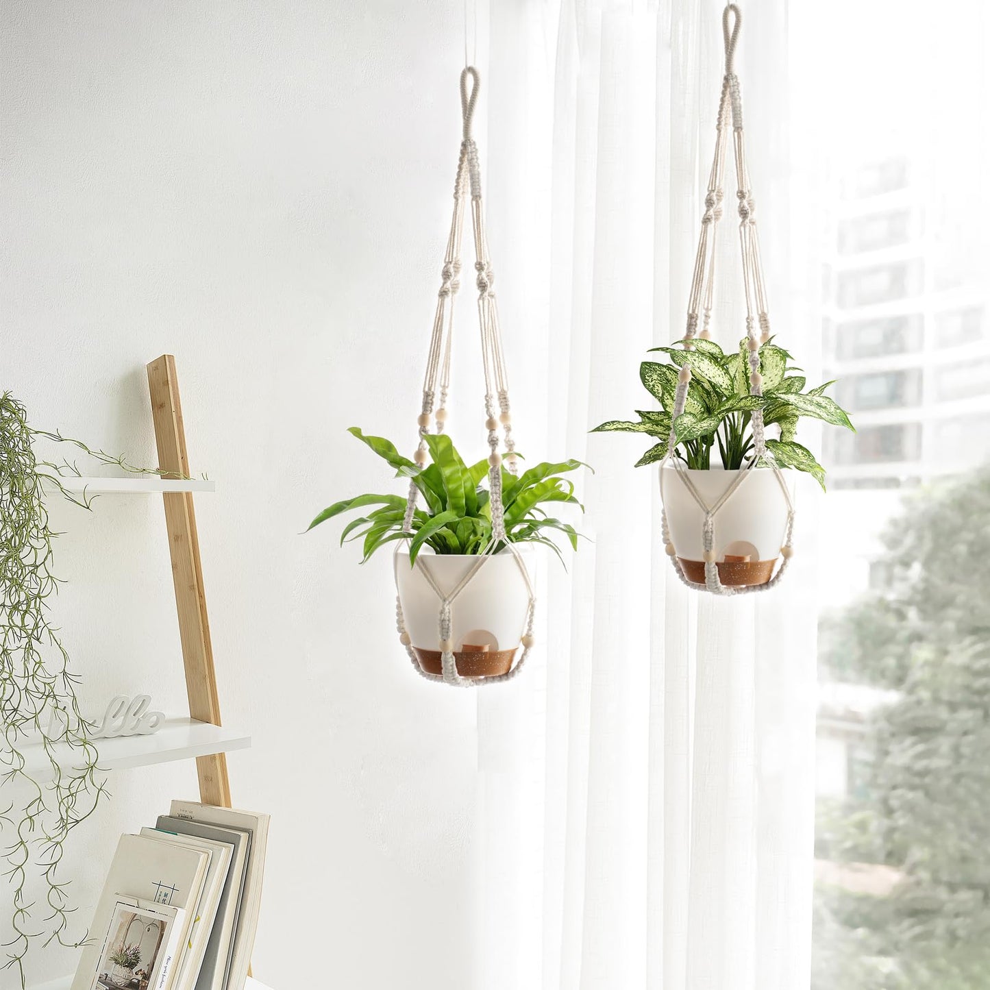 Mkono 7.5 Inch Hanging Planters, Macrame Plant Hangers with Self Watering Plant Pots Indoor Set of 2 Hanging Baskets Flower Pot Holders with Hooks No Tassels for Boho Home Decor, Ivory