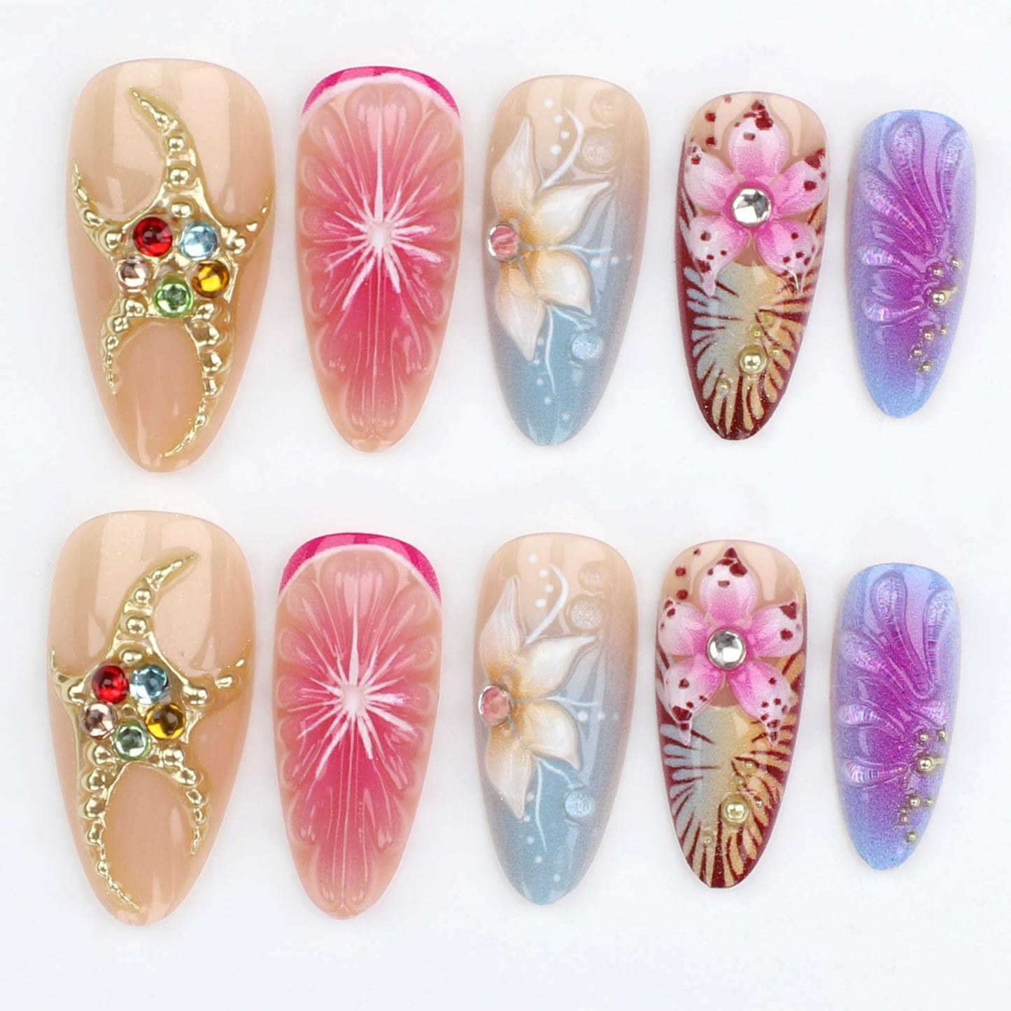 IMSOHOT Press on Nails Almond Medium Fake Nails - 3D Flowers, Golden Star, Rhinestone Designs, Glossy Full Cover Glue on Nails Acrylic Artificial False Nails for Women Manicure Decorations