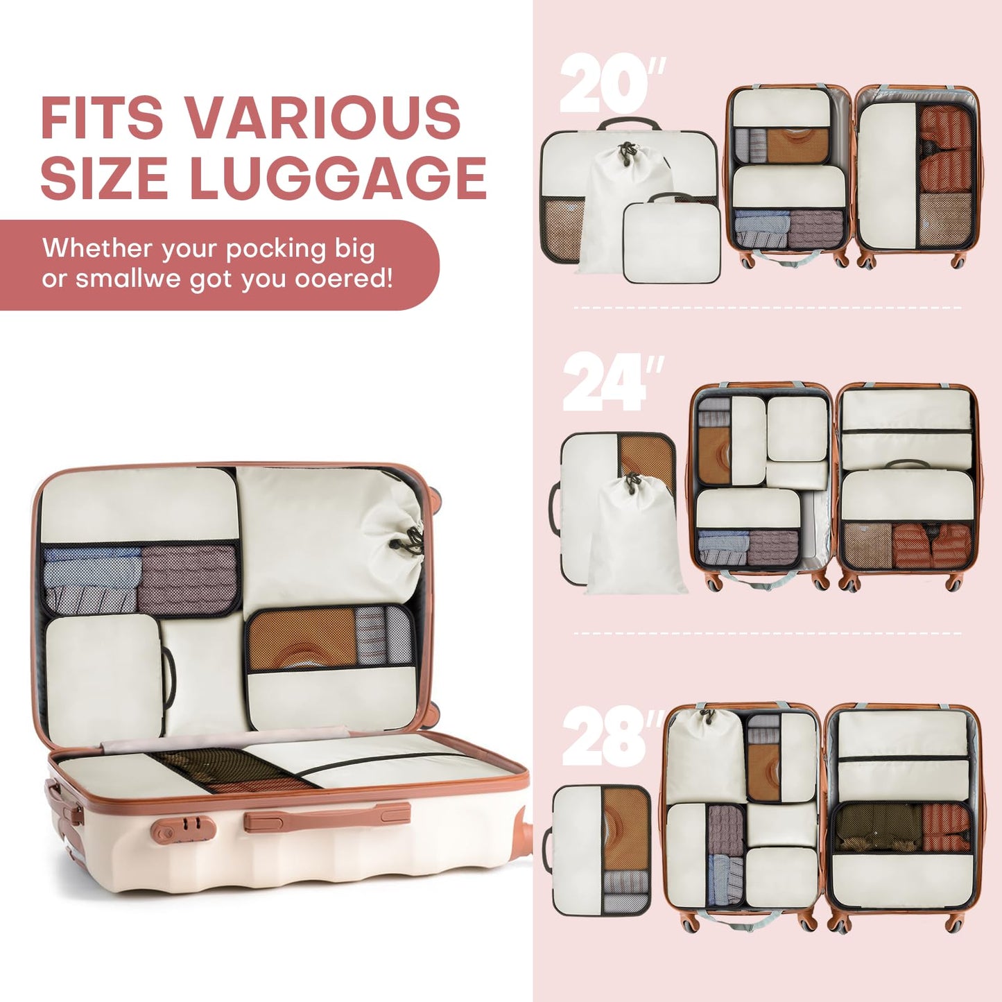 SDGFUI 8 PCS Compression Packing Cubes for Travel Women, Compression Bags Organizer for Luggage Space Saving Travel Essentials and Carry on, Luggage Organizer Bags for Suitcase - Beige