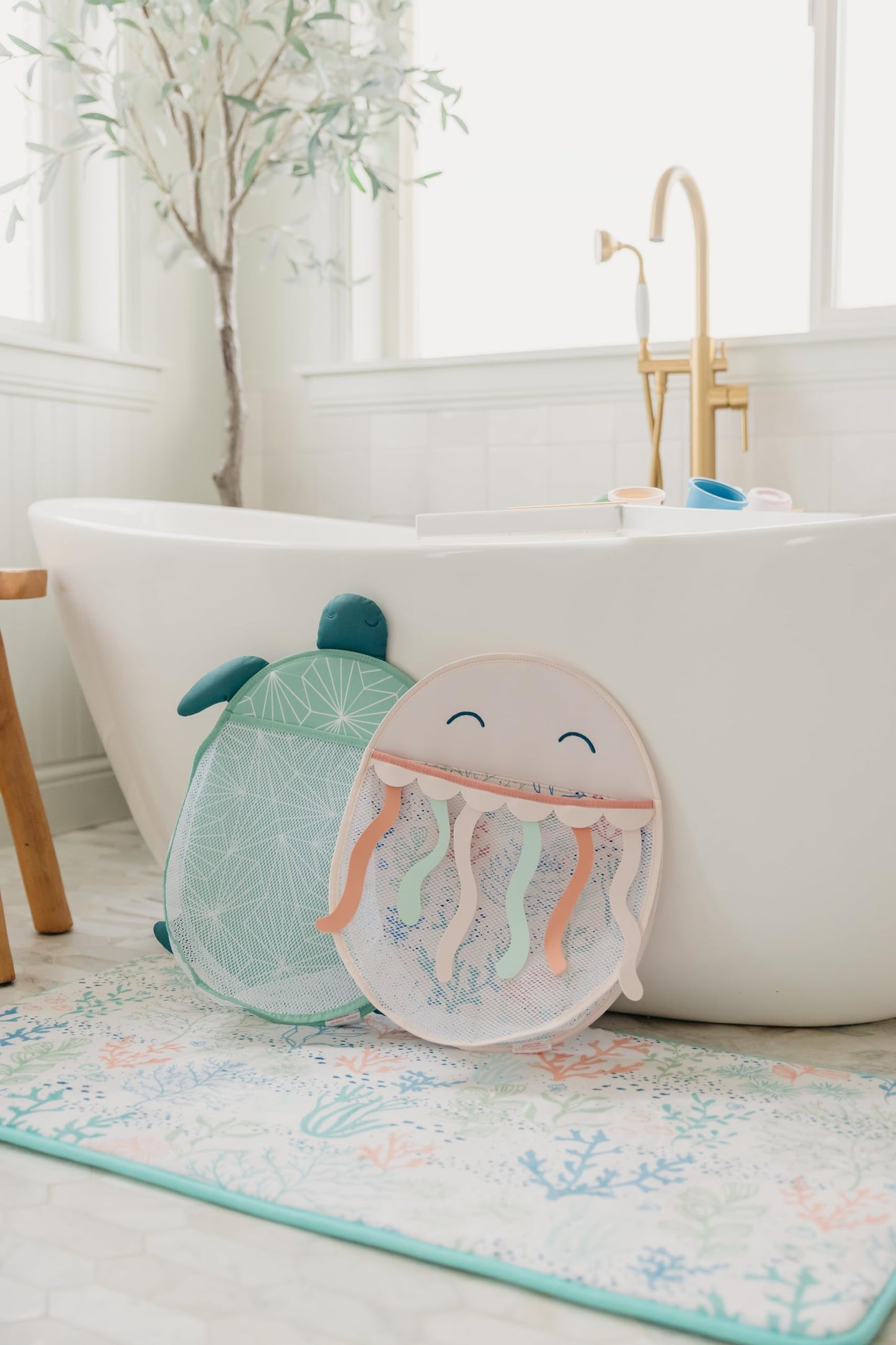 Copper Pearl Oceana Bath Toy Organizer with Suction Cups Extra-Large Mesh Bath Toy Holder for Bathtub, Quick-Dry Bath Toy Storage Net, Convenient Bath Toy Net for Tub - Cora