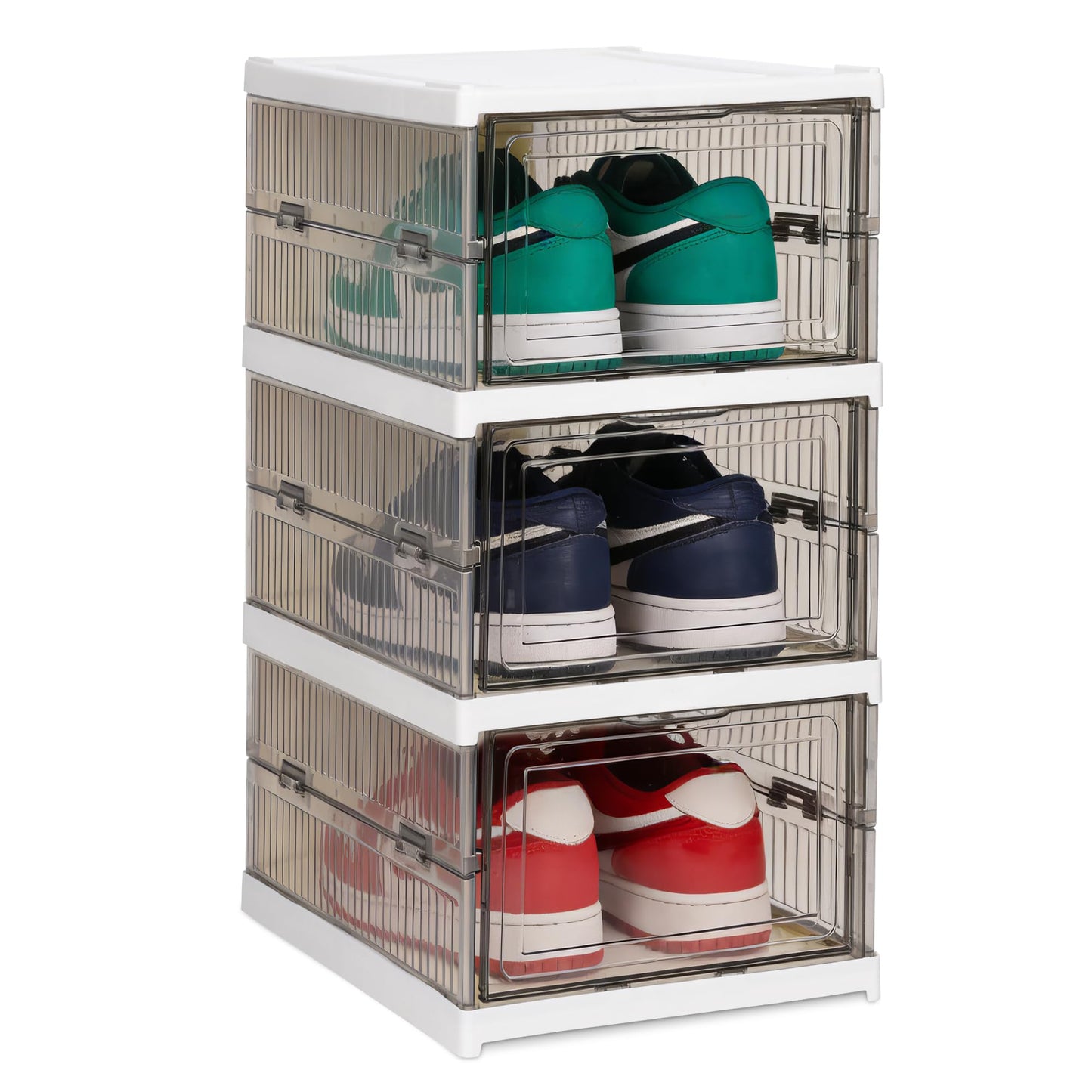 LQCHETOU Shoe Storage Box, No-Assembly 3 Tiers Foldable Shoe Organizer with Clear Door, Space-saving Shoe Rack，Sturdy Clear Plastic Stackable Sneaker Containe, Foldable shoe rack (grey, 3-Tier)