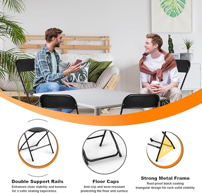 10 Pack Black Folding Chairs, Portable Stackable Commercial Foldable Chair, Indoor Outdoor Plastic Folding Chair for Events/Office/Home/Wedding/Party, 400lbs Capacity