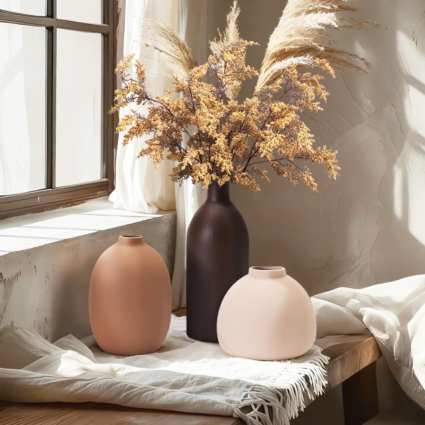 Neutral Ceramic Vase Set – 5 Matte Earth-Tone Vases for Japandi, Scandinavian, or Minimalist Home Decor, Table, Entryway, Shelf & Mantel Styling